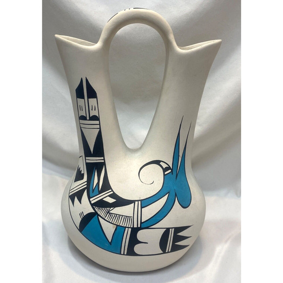 Wedding Vase Pottery Hand Painted Made Mexico Signed Approx 13" Double Spout - Picture 1 of 6
